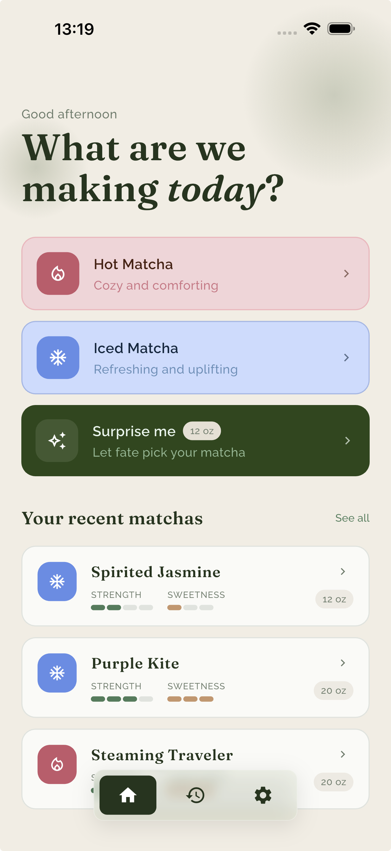 Lazy Lion Matcha home screen showing Hot Matcha, Iced Matcha, and Surprise me options