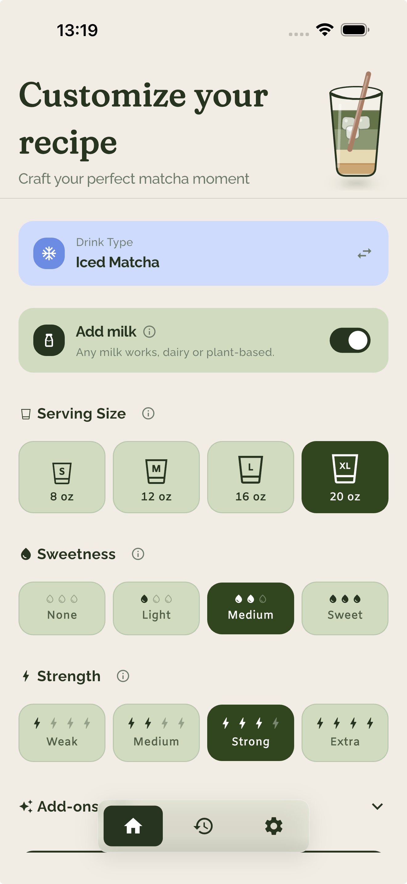 Recipe maker with serving size, strength, sweetness, and live cup preview