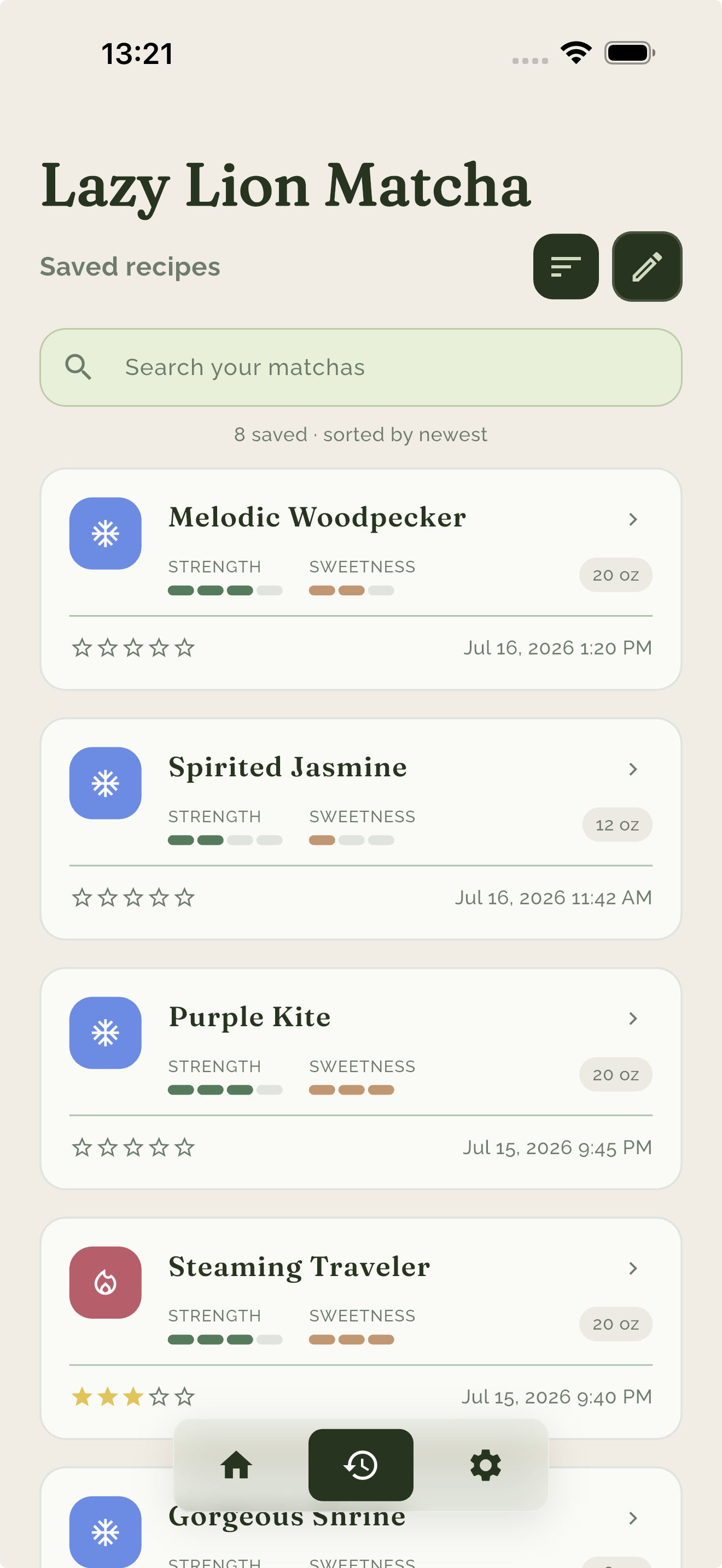 History screen with saved recipes, search, and star ratings